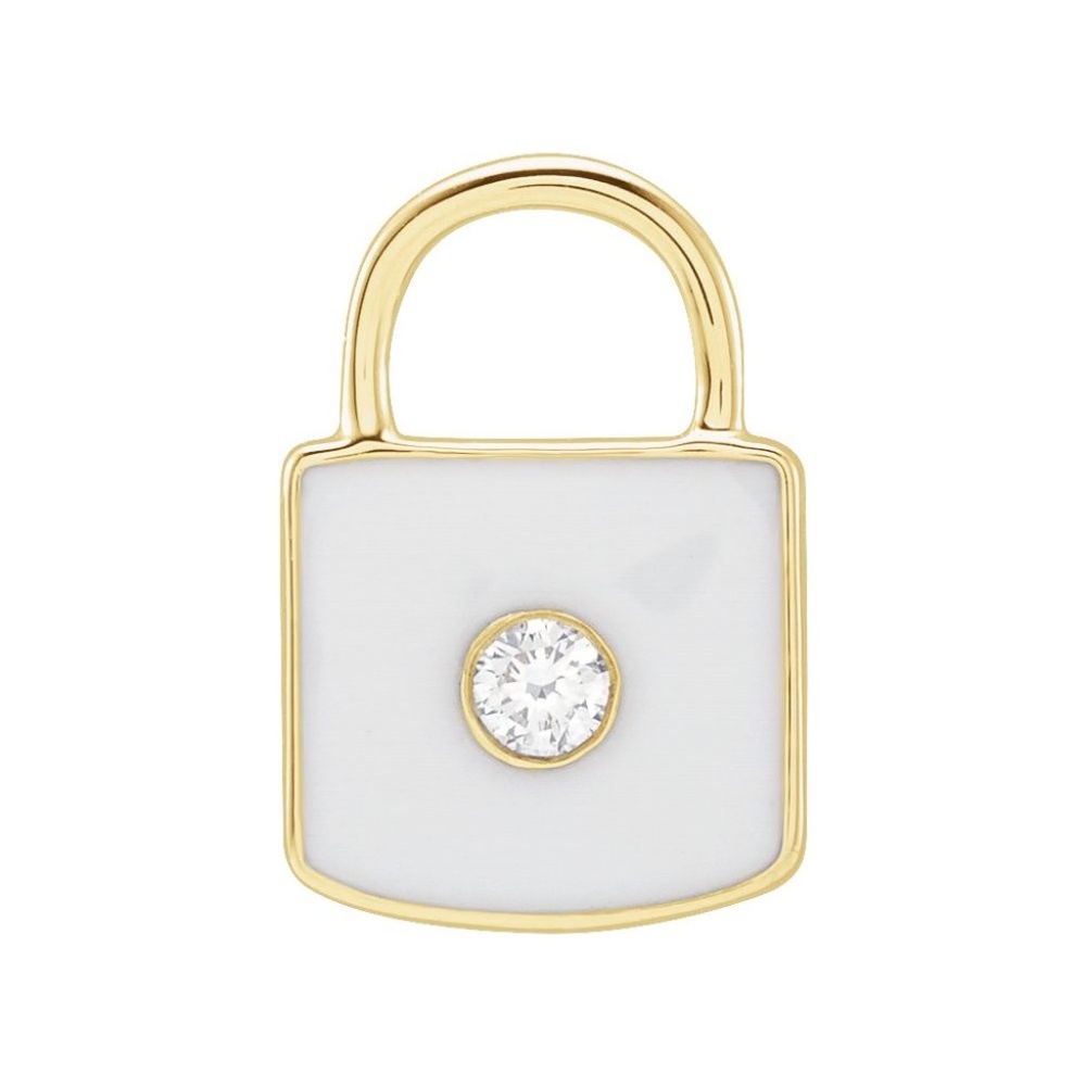 14K Yellow .035 CT Natural Diamond & White Enamel Lock Charm/Pendant